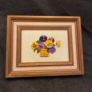 Sweet vintage Pansy crewel floral framed wall hanging.
